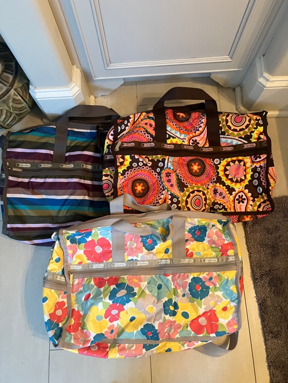 Lesportsac Trio of Colorful Travel Tote Bags - Floral, Paisley & Striped